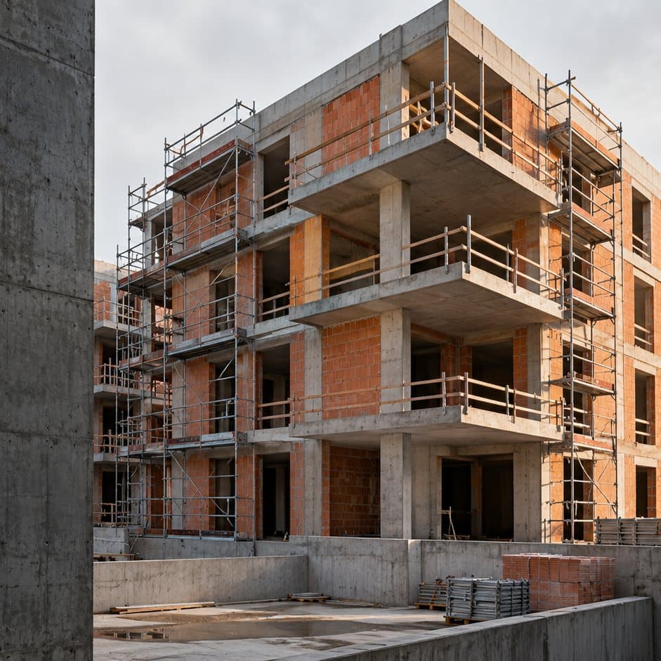 Rohbau eines mehrgeschossigen Wohnhauses mit Betondecken, Stützen und Ziegelmauerwerk, eingerüstet, im Vordergrund eine Sichtbetonwand und die betonierte Tiefgarage